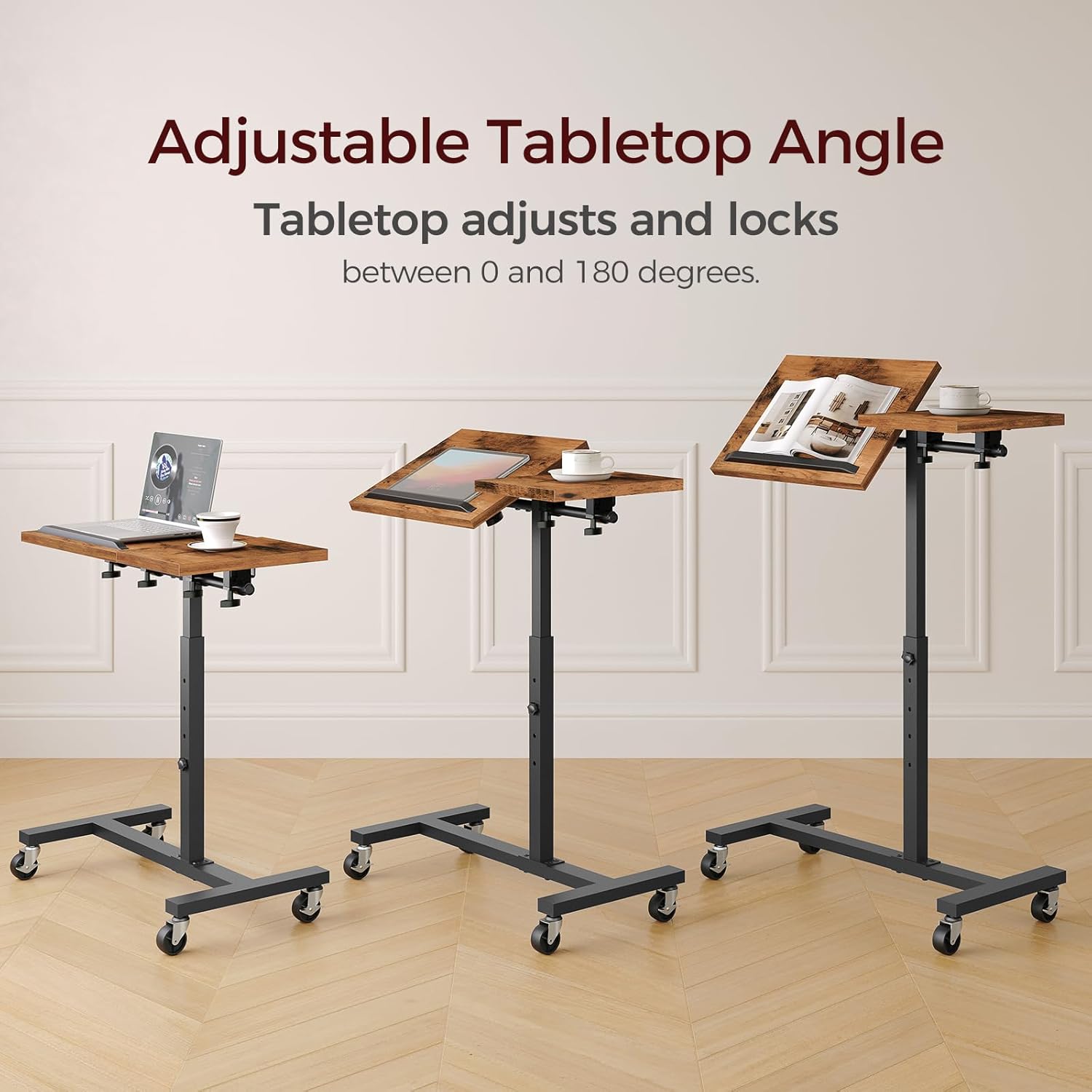 Series of images showing the overbed table with its tabletop adjusted to various angles, from flat (0 degrees) to fully tilted (180 degrees), demonstrating its versatility for reading or typing.