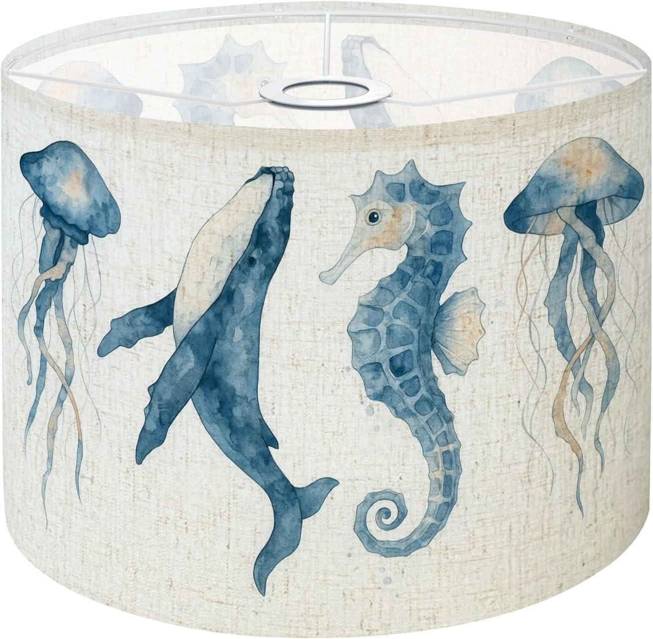 Boho Drum Lamp Shades - 11" x 11" x 8.9" Set sea animals Blue watercolor ocean fish whale seahorse Replacement Natural Linen Lampshades for Table Lamps, Floor Lamps Easy Assembly