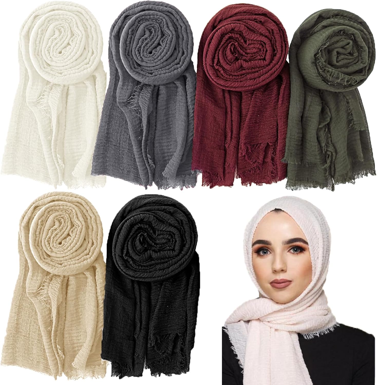 6 Pieces Long Head Scarf Shawl for Women Lightweight Turban Scarf Soft Linen Head Wrap for Girls,35.5 x 70.9 Multicolor