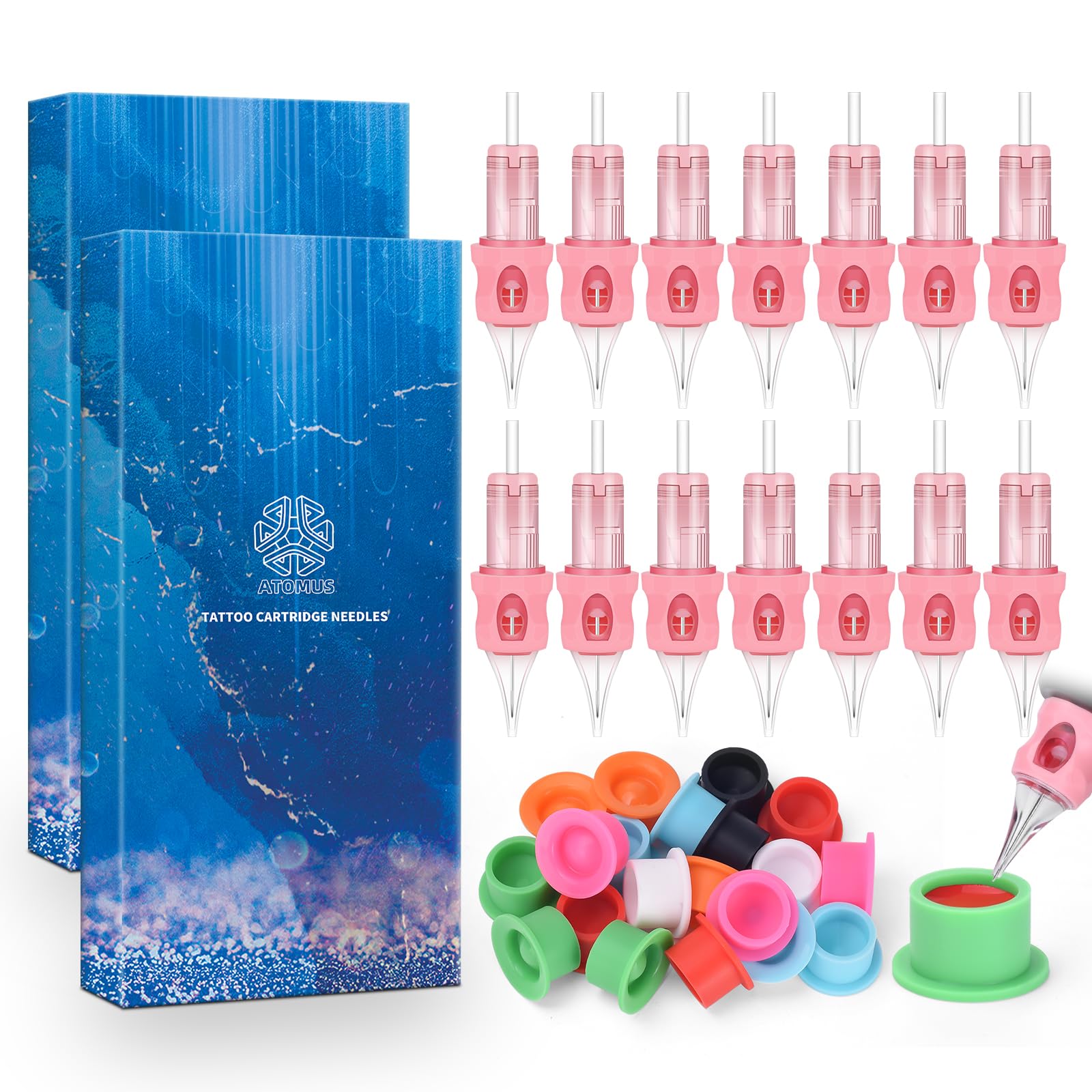 ATOMUS 20pcs Silicone Cover Tattoo Cartridge Needles 1003RL for Tattoo Gun Pen Liner Pattern Permanent Eyebrow with 20pcs Silicone Ink Cups for Rotary Machine