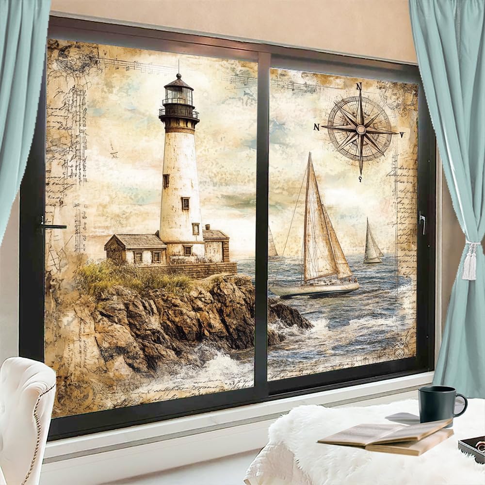 Vintage Coastal Lighthouse Window Privacy Film, Rustic Sea Sailboat Sailing Frosted Stained Glass Window Film Decorative Decal for Glass, Windows Tint for Home 17.7Wx23.6L inch x 2pcs