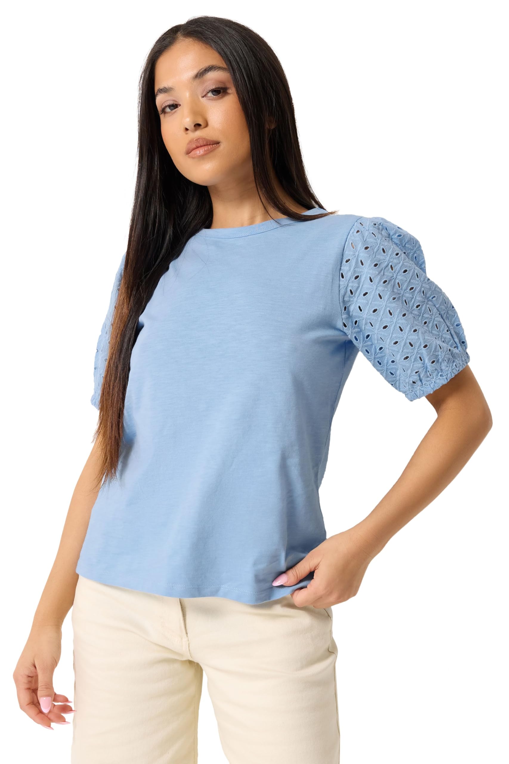 M&Co - Women's Top - Broderie Puff Sleeve - Size 14 - Light Blue