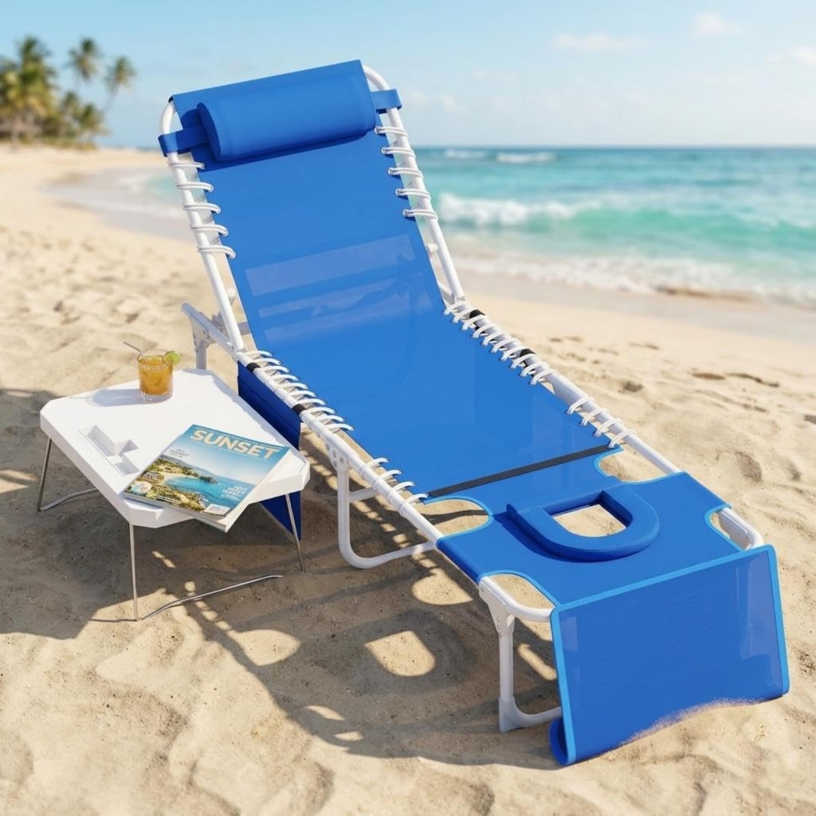 Transat de Plage Pliable avec Trou, Chaise Longue Pliable avec Table Pliante, Bain de Soleil Plage avec Appuie-Tête&Poche pour Jardin, Piscine