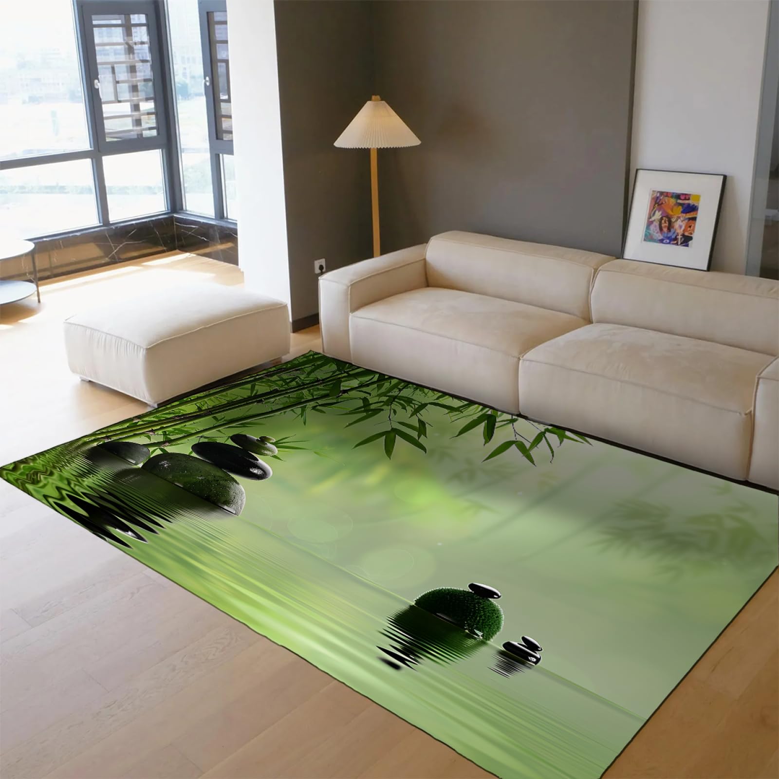 Tapis imprimé Plantes Vertes et Pierre Thème Relaxant Tapis Doux et Confortable pour la méditation Salle de Spa et Coin Salon Tapis de Sol antidérapant 120x200cm