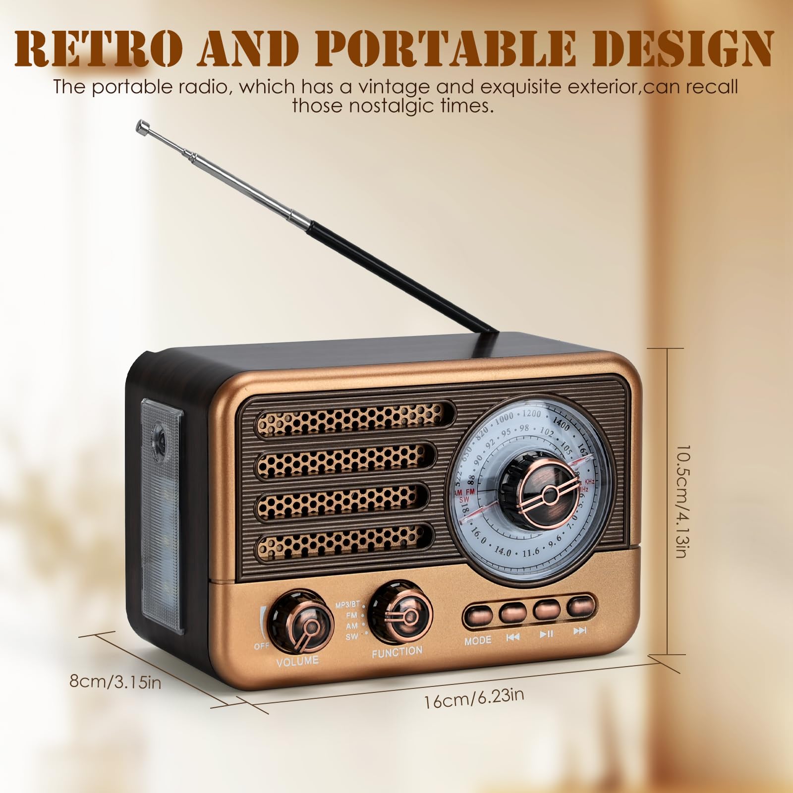 3-Band tragbares Radio mit Bluetooth, MP3-Player, USB/TF-Wiedergabe, LED-Taschenlampe und wiederaufladbarem Akku - Handheld-Akku-betriebenes FM/AM/SW-Radio für Outdoor (Goldene)