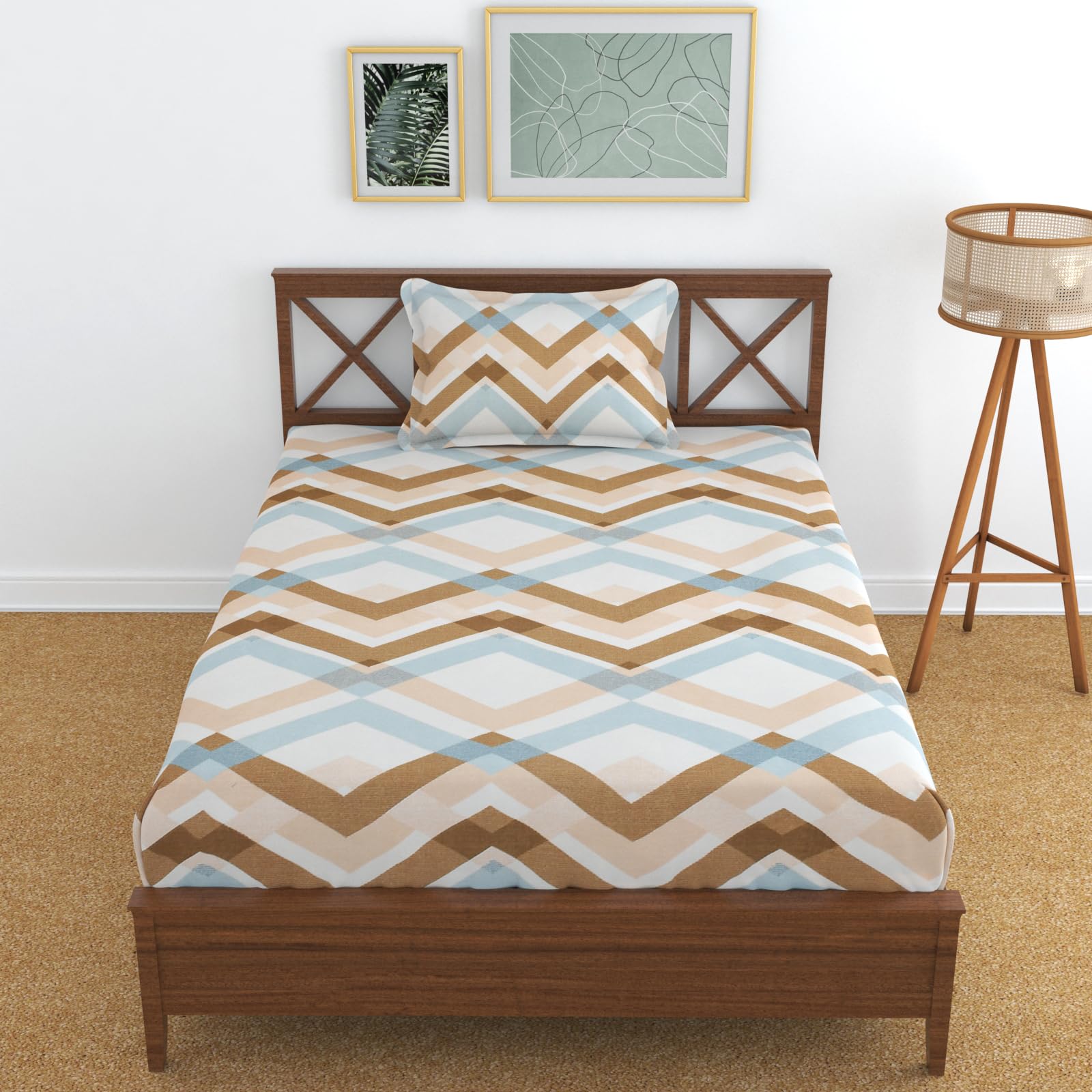 Single Bedsheet Elastic Fitted (72"X 48"Xup to 8" Mattress) Soft Cotton Blend with 1 Pillow Cover (72"X 48"Xup to 8 Inche Mattress) Brown Zig Zag Print