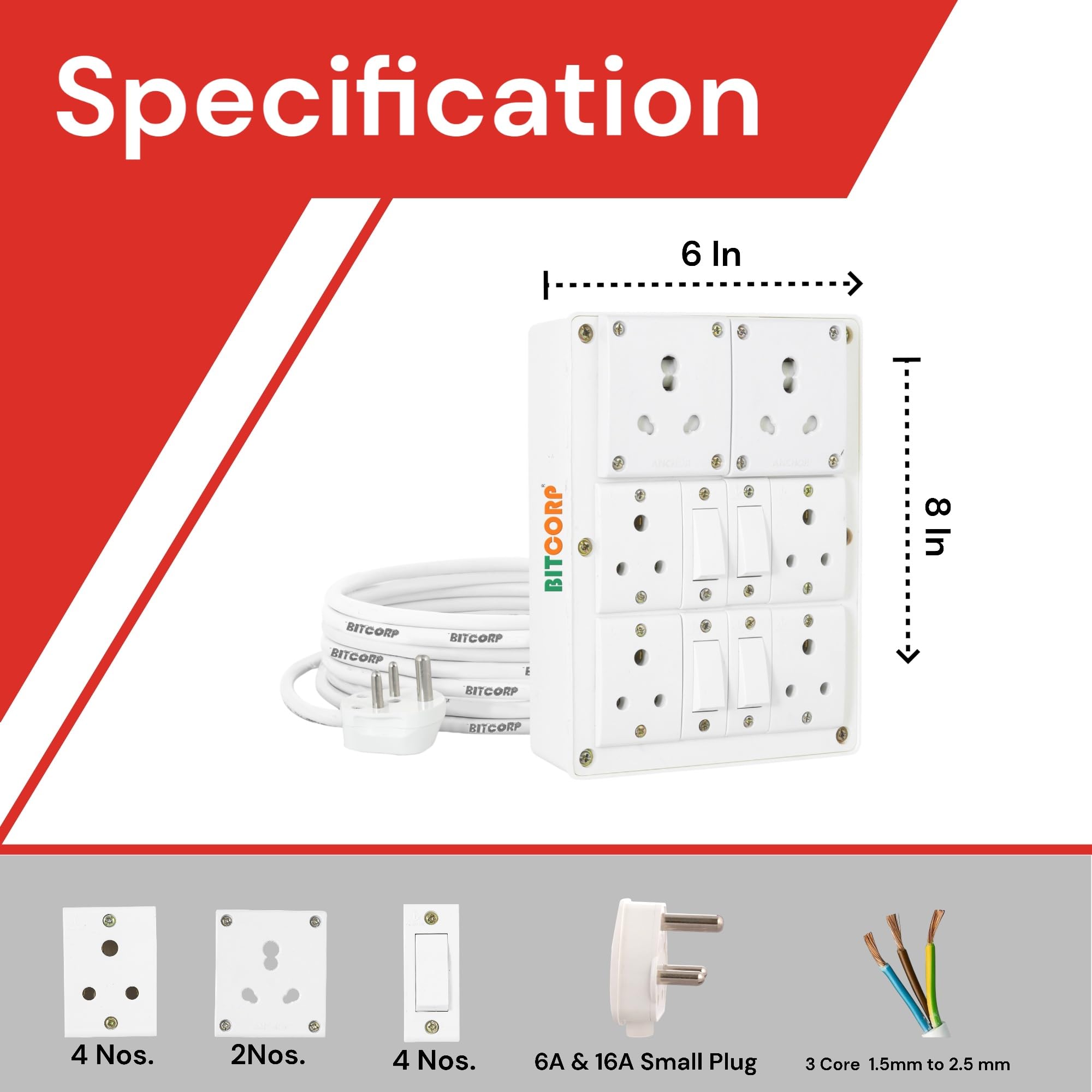 BITCORP Power Extension Board - 6 Socket 4 Switch -3 BITCORP Power Extension Board - 6 Socket 4 Switch -3