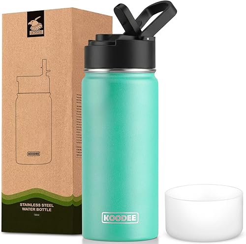 Miniatura 71 de koodee Botella de agua de 16 onzas de acero inoxidable de doble pared aislada al vacío, botella de agua de boca ancha con tapa de popote a prueba de