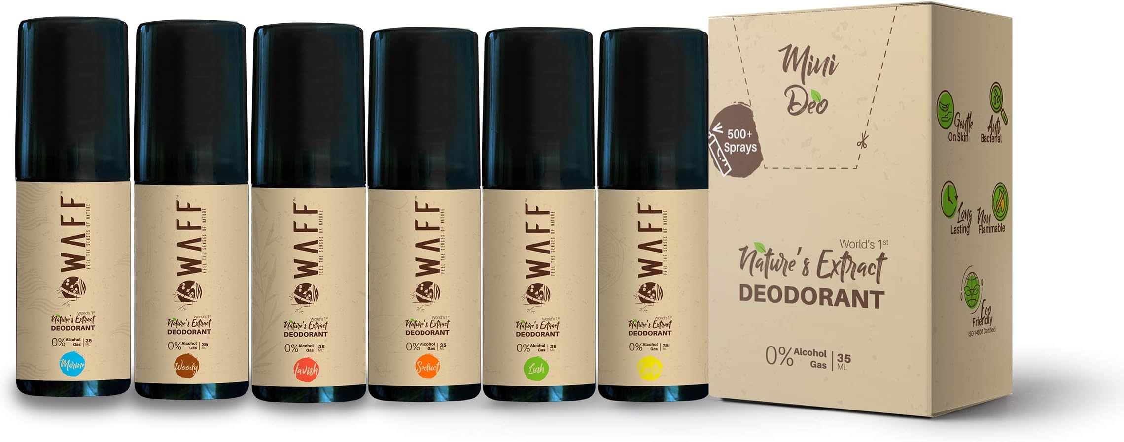 Waff Nature'S Extract Mini Deodorant Set Of Six For Unisex (Marine + Exotic + Seduct + Woody + Lush + Lavish)