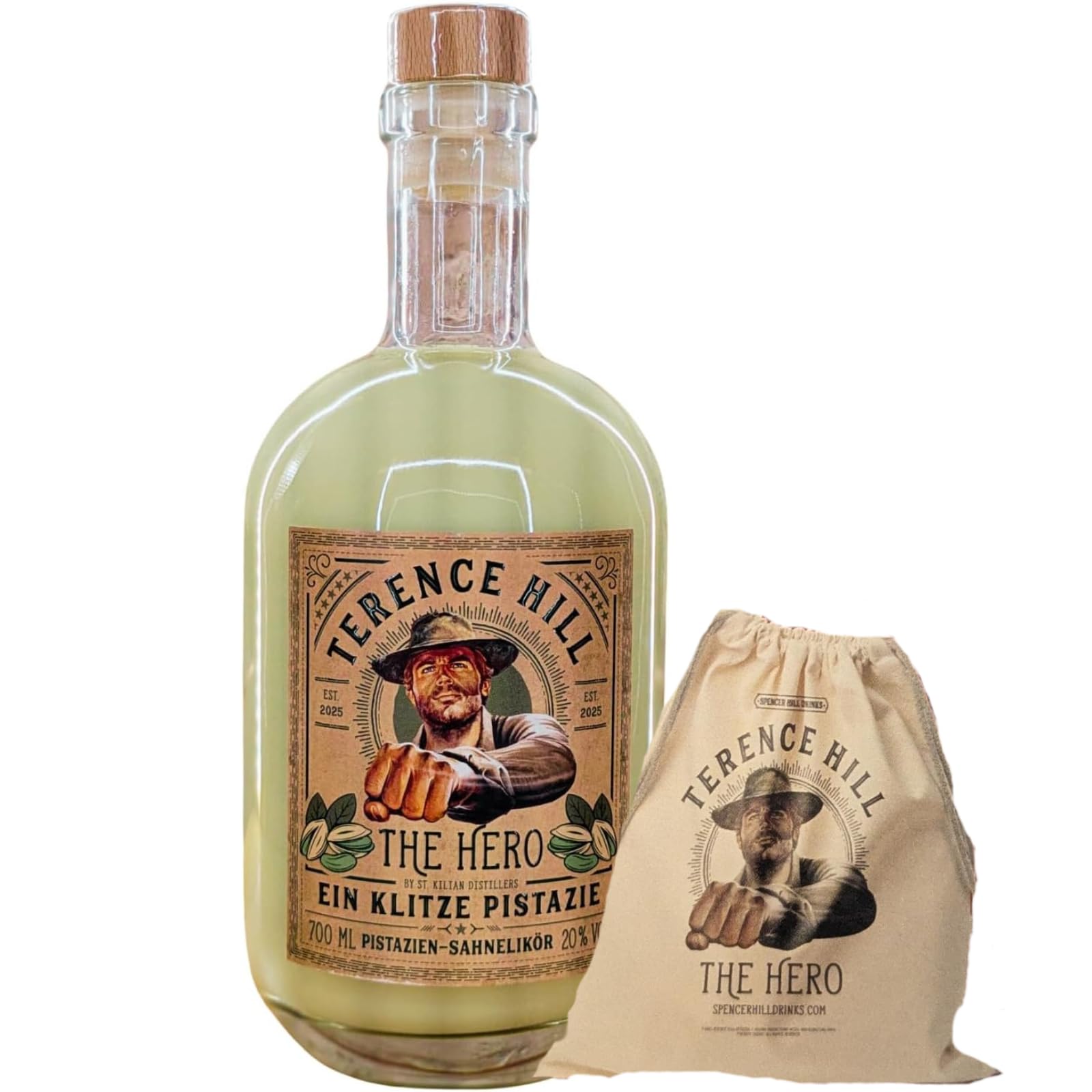 St. Kilian Terence Hill - The Hero - Pistazien-Sahnelikör - EIN KLITZE PISTAZIE 0,7 l 20% + exklusiver Terence Hill Sportbeutel by Reichelts