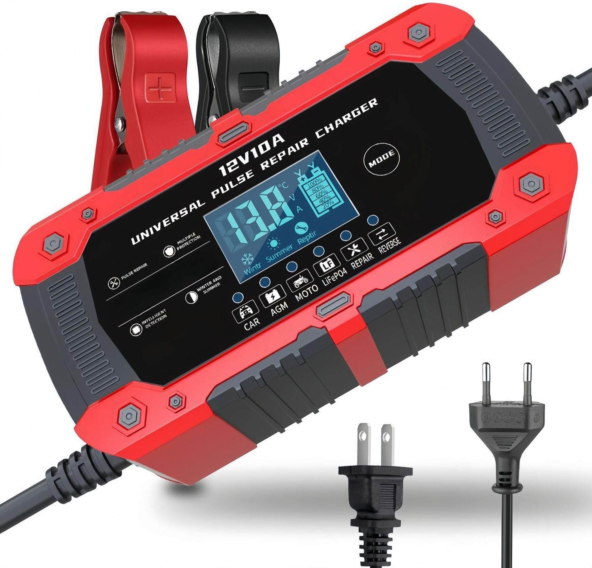 Motorcycle Battery Charger for Bajaj Pulsar F250/N125/N150/N160/N250/NS125/NS160/NS200/NS400z/P150/RS200, 12V10A Smart Automatic Battery Maintainer With LCD Display Trickle Charger Pulse Repair