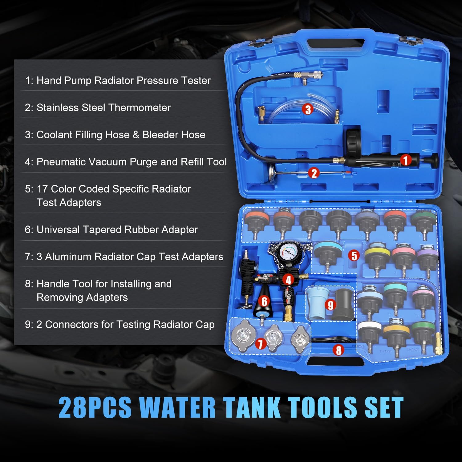JIFETOR Radiator Coolant Pressure Tester Vacuum Refill Tool Kit, 28PCS Automotive Cooling System Leak Test and Pneumatic Purge Fill Set with Testing Adapter Caps Universal for Airlift Car Auto Truck