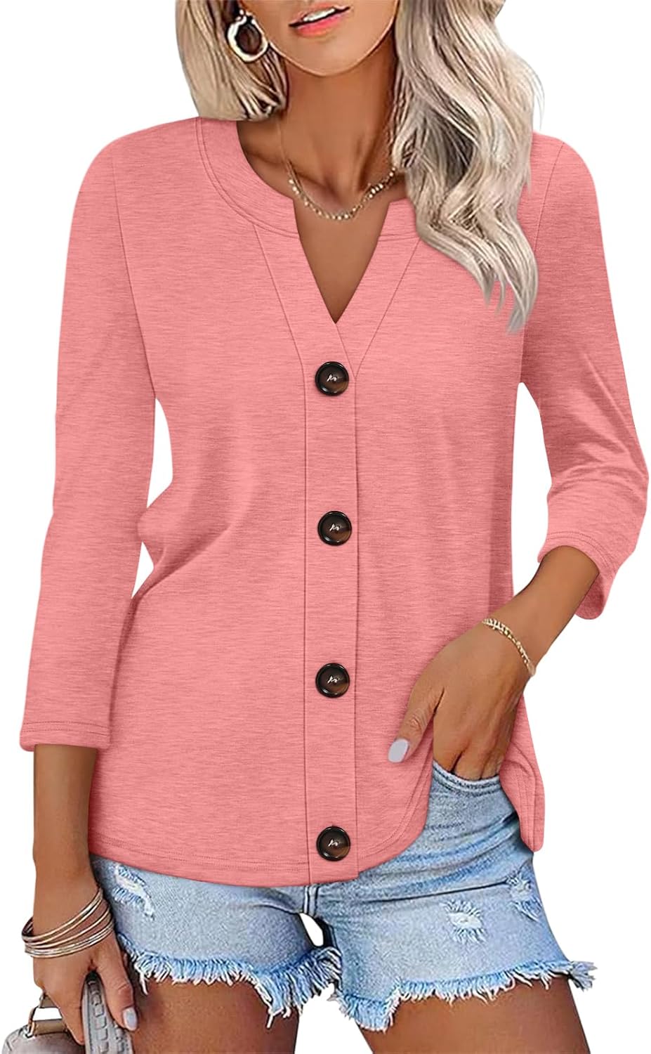 Womens Button Down Shirts 3/4 Sleeve Tops Casual V Neck T Shirts Loose Fit Trendy S...