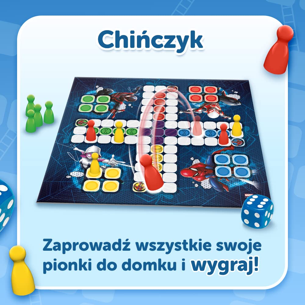 Trefl - Chińczyk, Węże i Drabiny: Spider-Man - Gra 2w1, Rodzinna Gra Planszowa z Superbohaterem Marvela, Dwustronna Plansza, Proste Zasady, Klasyczna Gra Dla Dorosłych i Dzieci od 4 lat