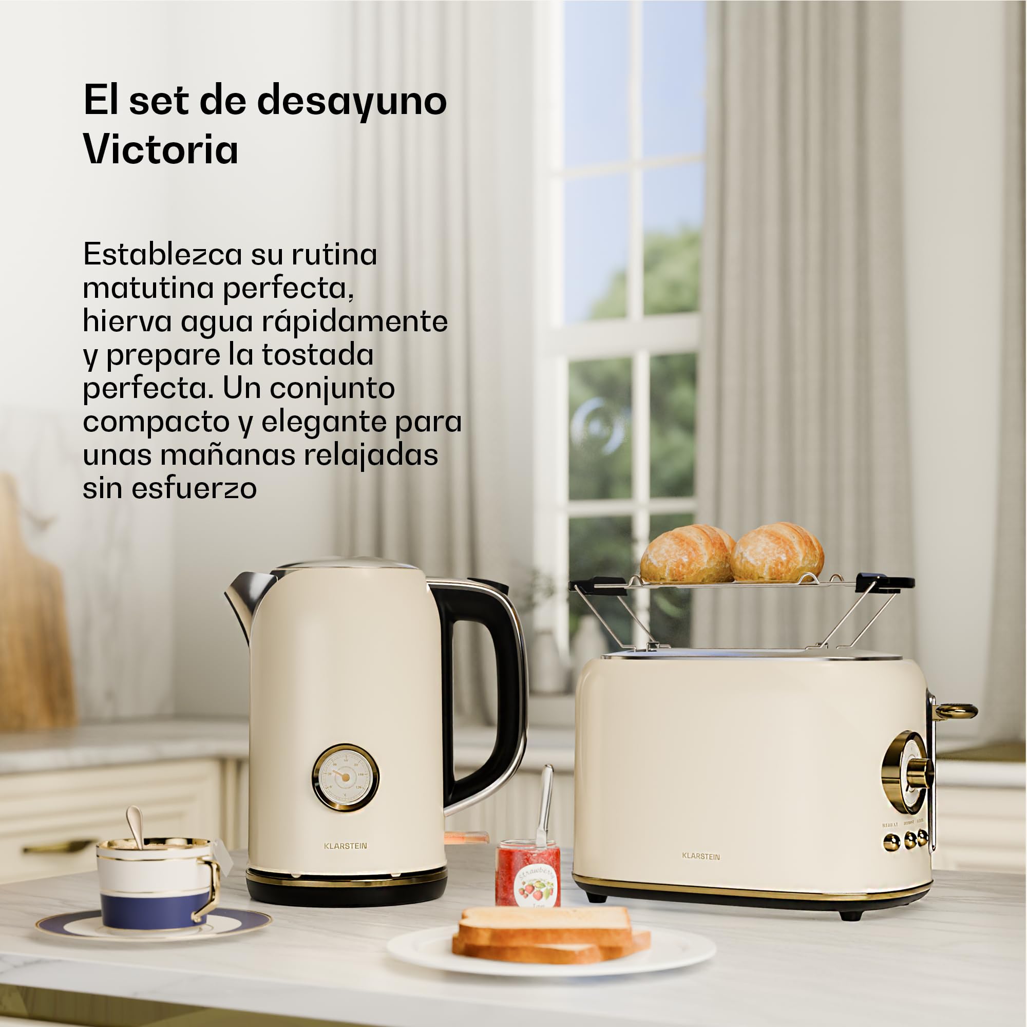Klarstein Victoria Juego de Desayuno Esencial - Tostadora 2 Ranuras con 7 Niveles, Bandeja Recogemigas, Soporte Panecillos, 1.7L Hervidor Agua Eléctrico con Filtro Antical, Apagado Automático, Cream