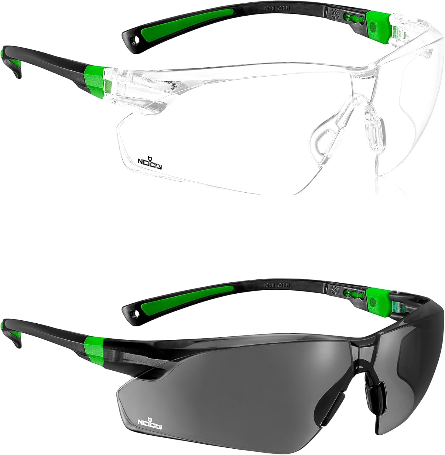NoCry Clear Safety Glasses for Men and Women; Lightweight Work Glasses with Adjustable Arms and No-Slip Grips & Safety Sunglasses with Green Tinted Wraparound Lenses; Adjustable Arms & No-Slip Grips