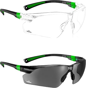 NoCry Clear Safety Glasses for Men and Women; Lightweight Work Glasses with Adjustable Arms and No-Slip Grips & Safety Sunglasses with Green Tinted Wraparound Lenses; Adjustable Arms & No-Slip Grips