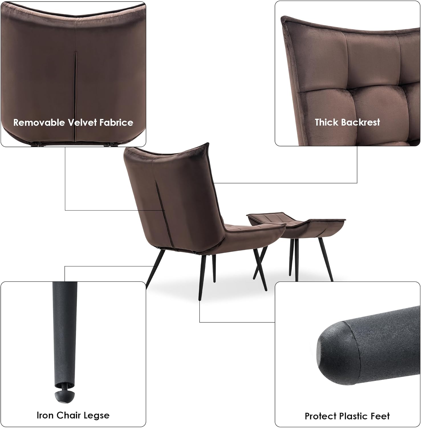 MCombo Accent Chair with Ottoman, Modern Velvet Wingback Lounge Chair, Upholstered Club Chair for Small Space, Living Room & Bedroom 4079 (2, Brown)