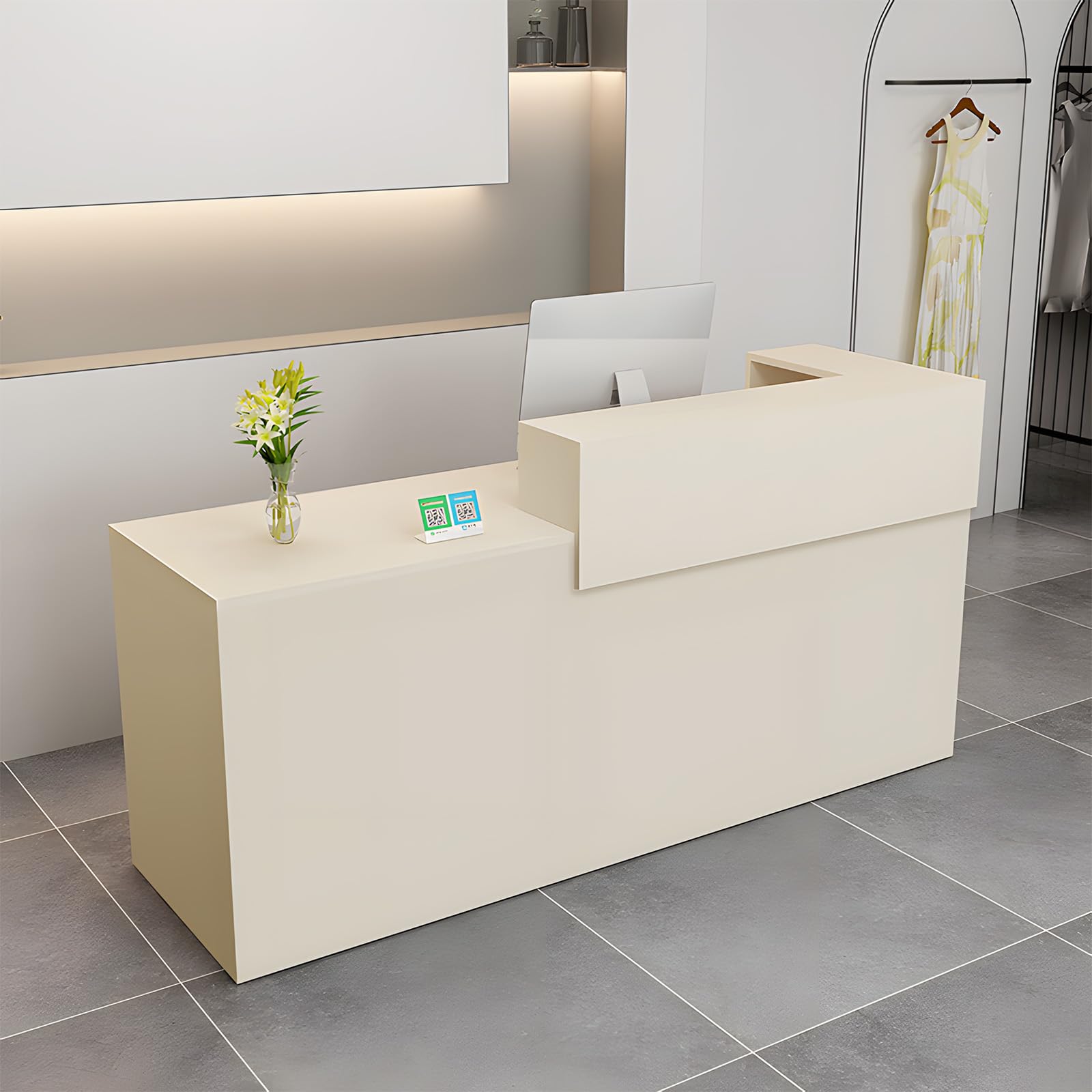 LSZMXI Modern Reception Desk with Drawer & Open Shelves, 39-95 Inch Front Counter Table, Computer Workstation Suitable for Salons, Offices, Lobbies,