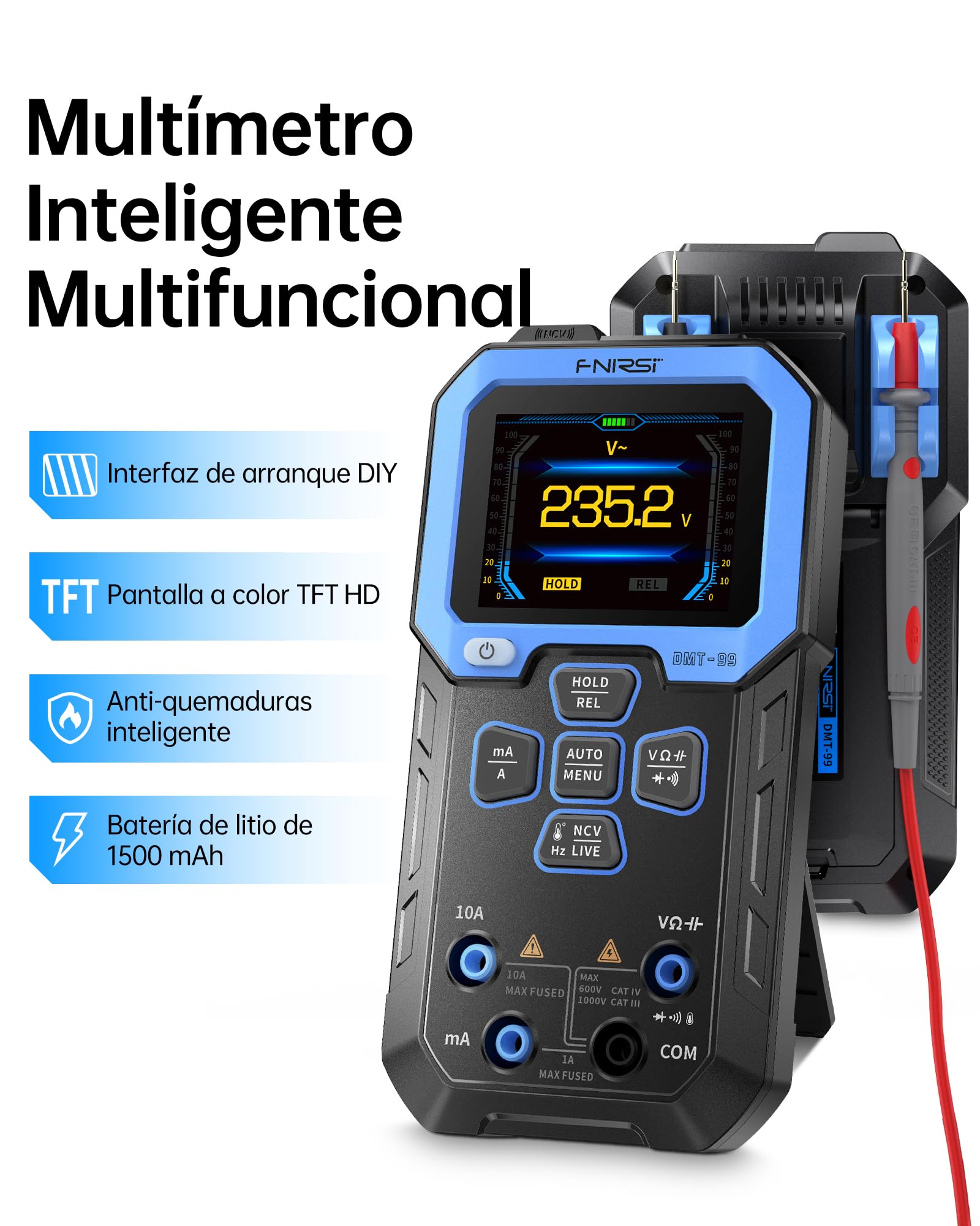 FNIRSI DMT-99 Multímetro digital de 9999 cuentas, TRMS, Voltímetro recargable de rango auto con modo de registro y monitor de datos, medición de resistencia, capacitancia, diodos, frecuencia, NCV