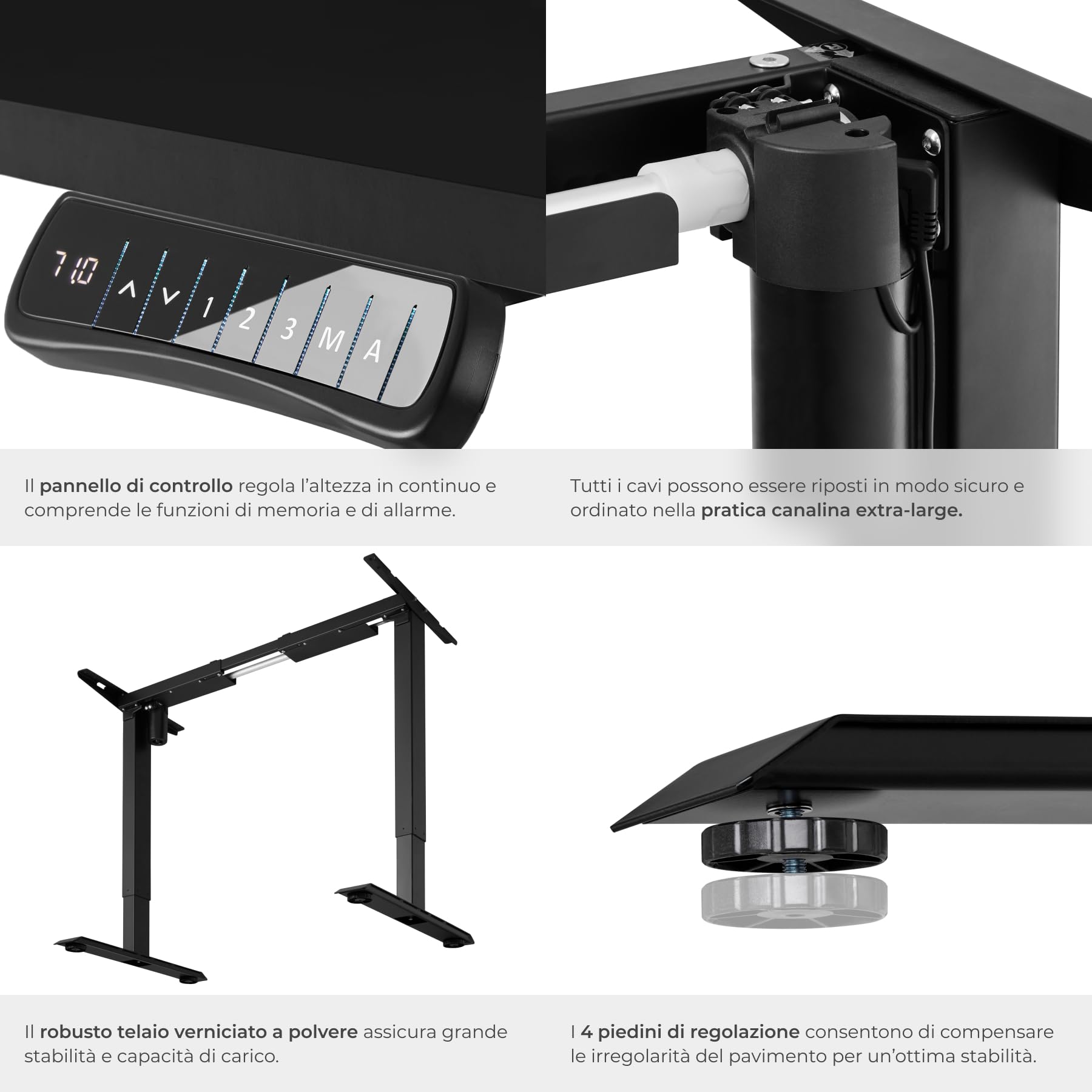tectake® Telaio per Scrivania Regolabile in Altezza, 85-129 x 65 x 71-121 cm, portata max 70 kg, motore elettrico potente 40W, funzione memoria, in acciaio, Tavolo Ufficio, Scrivania Gaming - Nero
