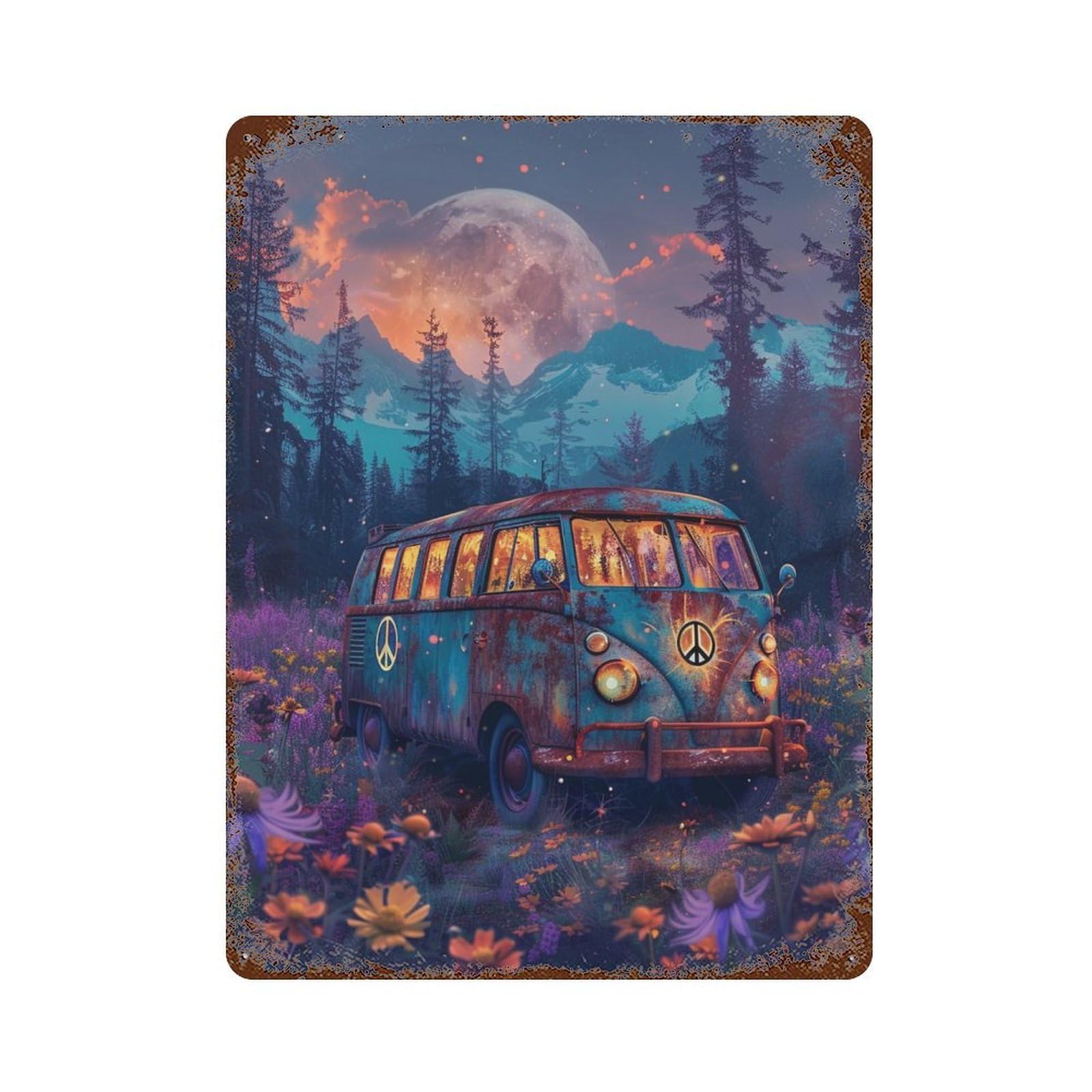 Rust Effect Tin Sign Vivid Van in Enchanted Forest 15.7"x11.8", Industrial Home Decor for Garage, Bar And Workshop Decor