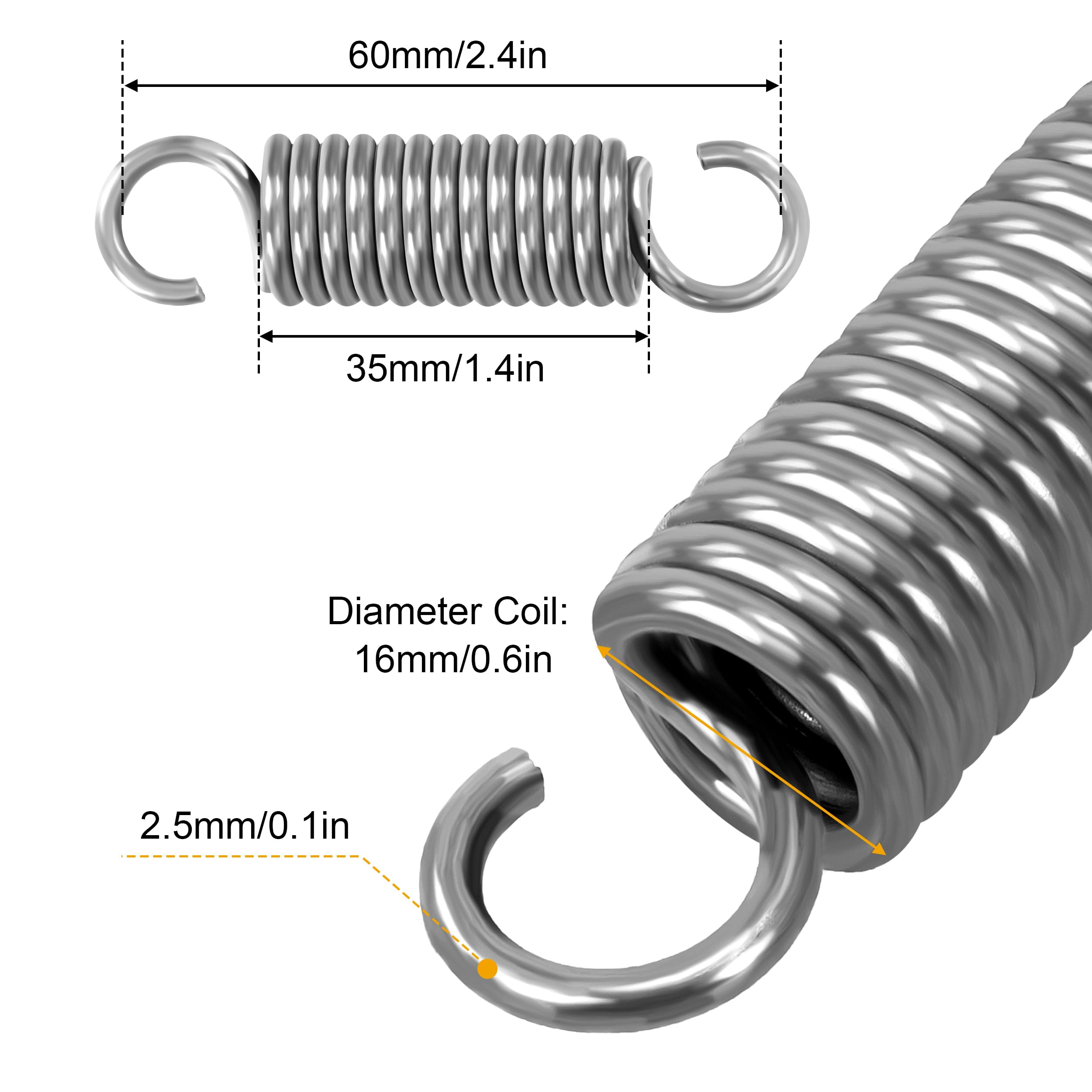 Sprężyny naciągowe z hakiem stal szlachetna sprężyna naciągowa 60 mm średnica zewnętrzna 16 mm średnica drutu 2,5 mm maksymalna siła ciągnąca 19 kg 2,5 x 16 x 60 mm 2 sztuki