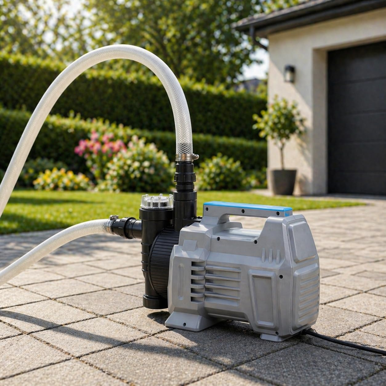 Gartenpumpe HANDY 5000 AUTO (1300 W, 5100 l/h, 50 m Förderhöhe, 5 bar) - Intelligente Wasserpumpe mit automatischer Steuerung - mit Vorfilter, LC-Display mit Timer - Gartenbewässerung & Rasensprenger