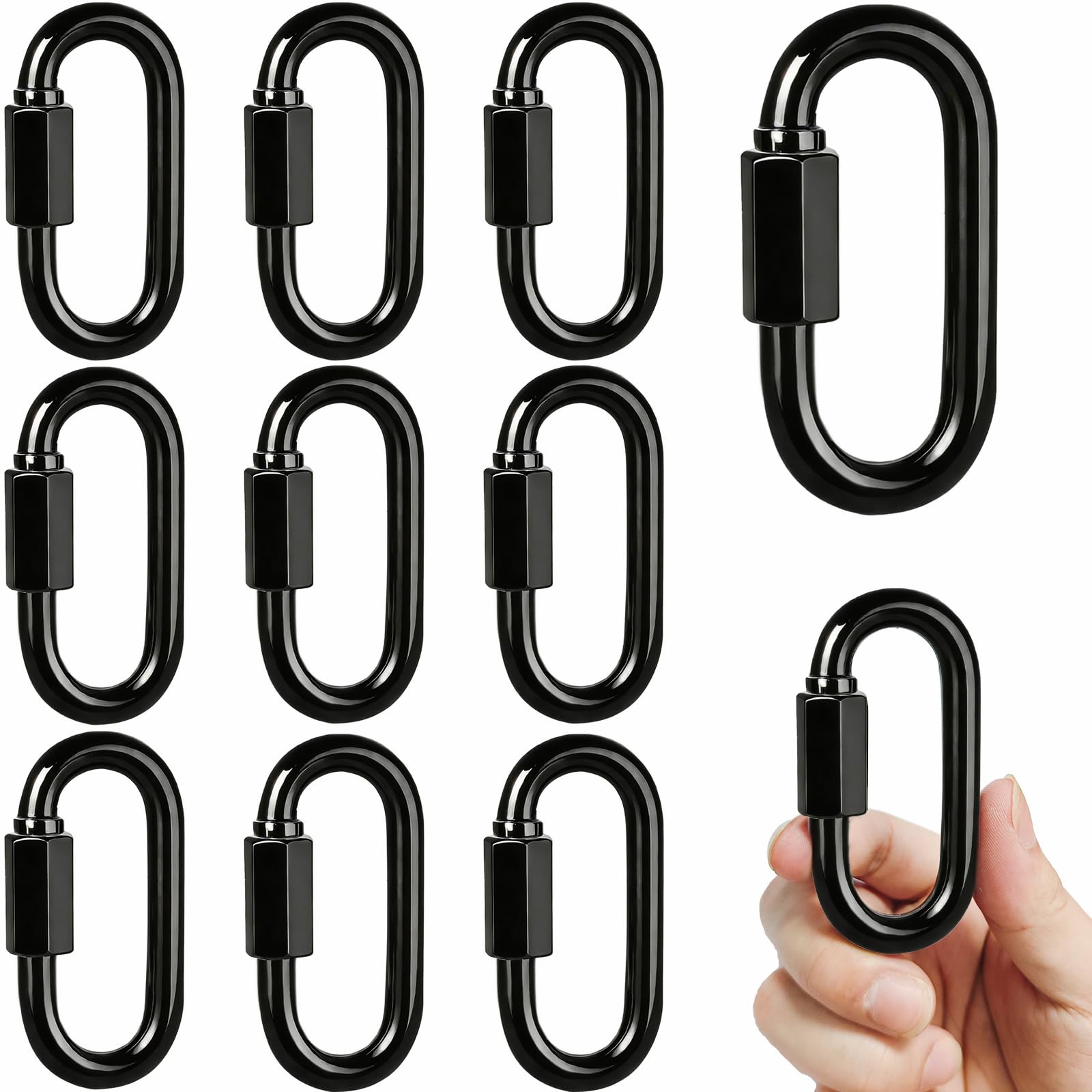 Twours Quick Link Black Chain Link Galvanized Steel Heavy Duty D Shape Locking Carabiner Keychain for Outdoor Traveling Equipment (M8,10pcs)