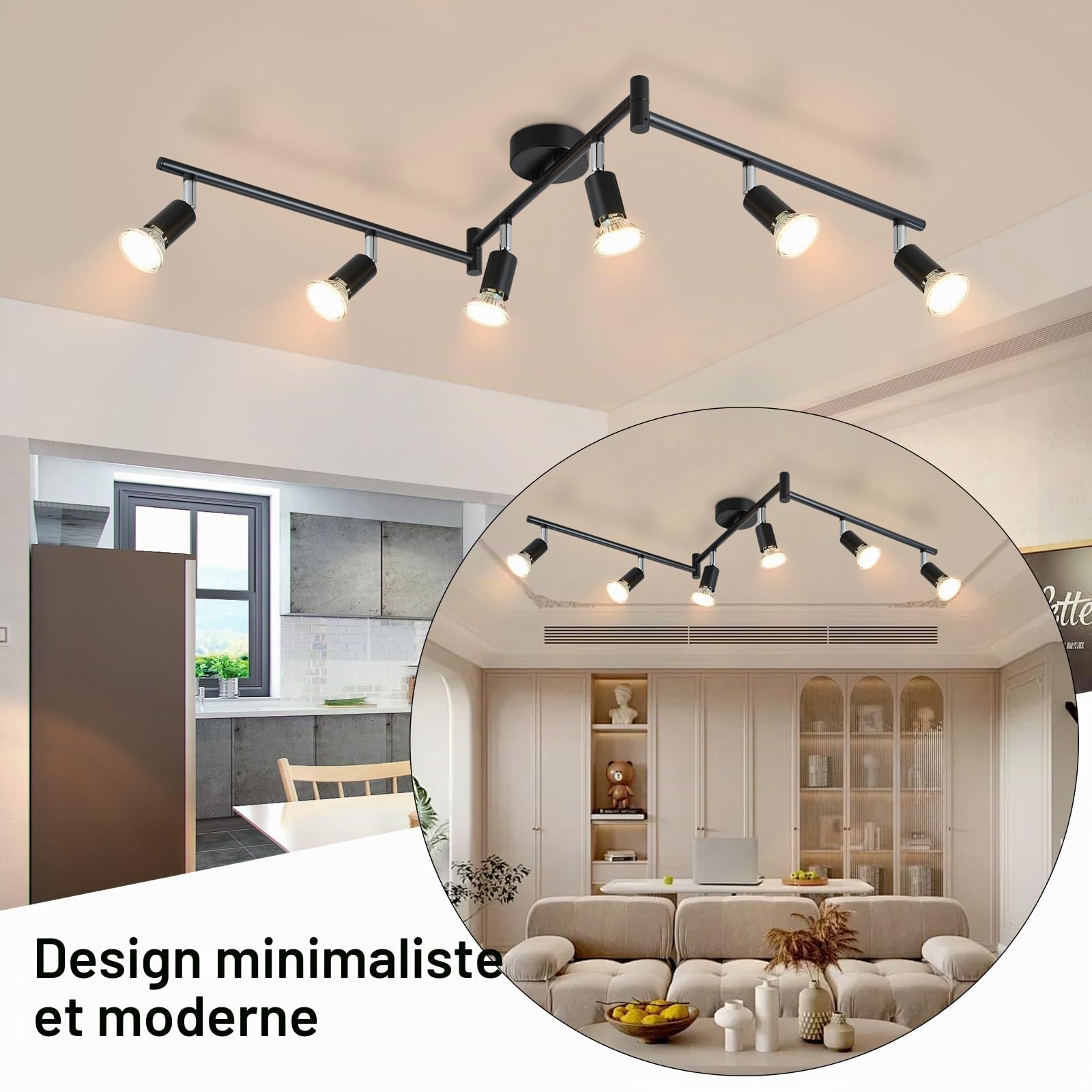 Plafonnier LED 6 Spot GU10 Éclairage Plafond Noir Luminaire Spot