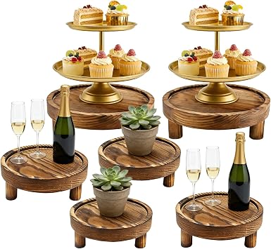 6 Pcs Wood Display Risers Set, Decorative Desktop Wooden Cake Stand with Elevated Edge, Round Food Riser, Rustic Tabletop Organizer for Home Kitchen Office, 5/6/8 Inch