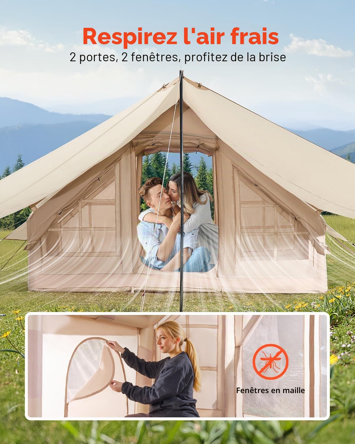 VEVOR Tentes gonflables pour camping, installation facile, tente de camping gonflable avec pompe à main, tente de glamping 4 saisons Oxford 300D avec cric de poêle, sac de rangement inclus pour une