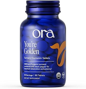 Ora Organic Turmeric Curcumin with Piperine - Pure Extracts for Joint Stress and Cardiovascular Health, Support Healthy Cognitive Function, No Filler Ingredients - 90 Vegan Tablets, 1 Month Supply
