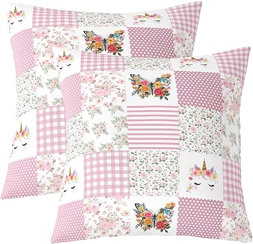 Unicorn Pillow Covers 20"x20" Pack of 2 Flower Butterfly Cushion Cover for Bed Couch Sofa Plaids Stripe Dots Patchwork Living Room Pillow Covers Pink White Reversible Pillowcases