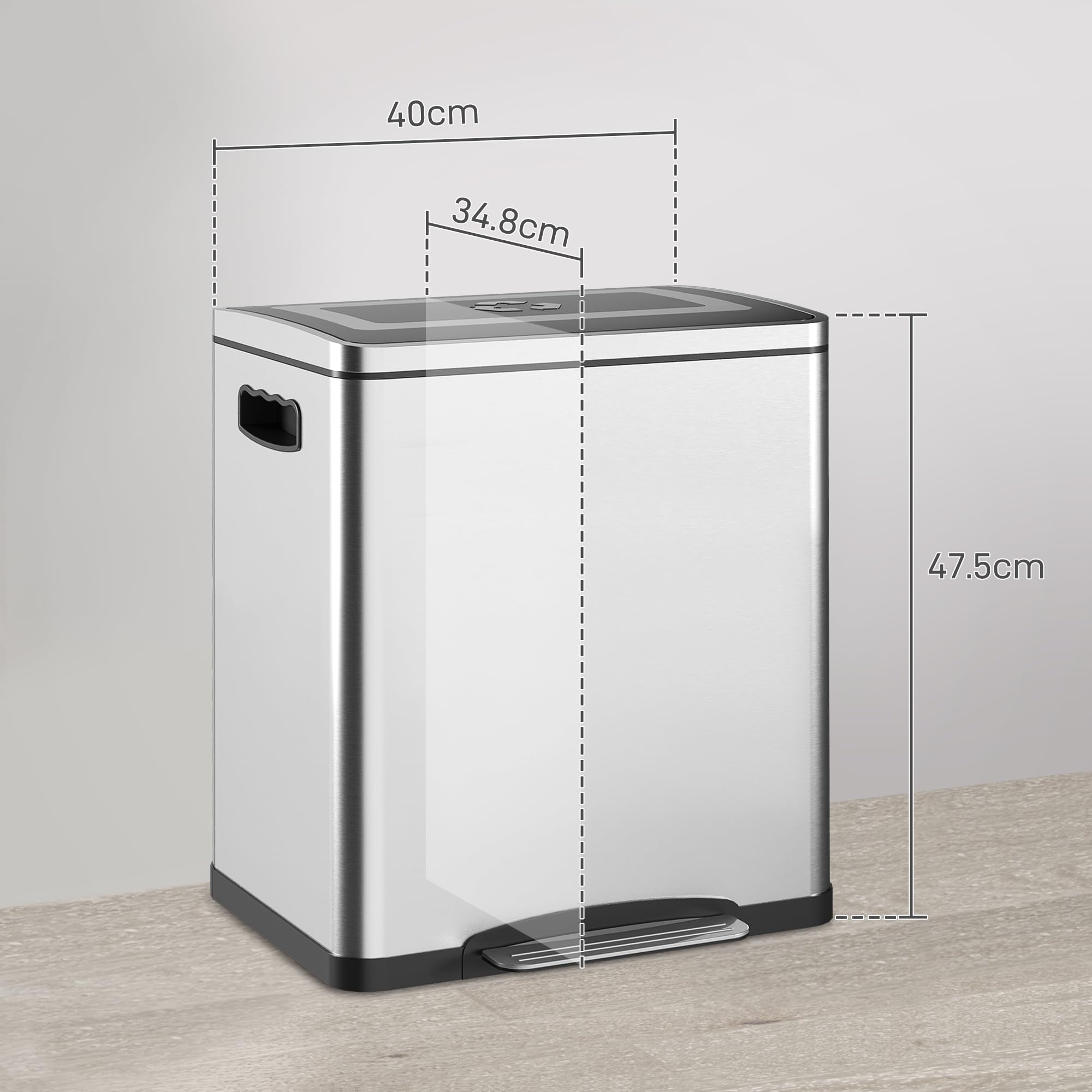 HOMCOM Bidone Spazzatura a 2 Sezioni 15L a Pedale 40x34.8x47.5 cm Argento | Coperchio a Chiusura Morbida, Cestino Immondizia, Acciaio Inox e PP