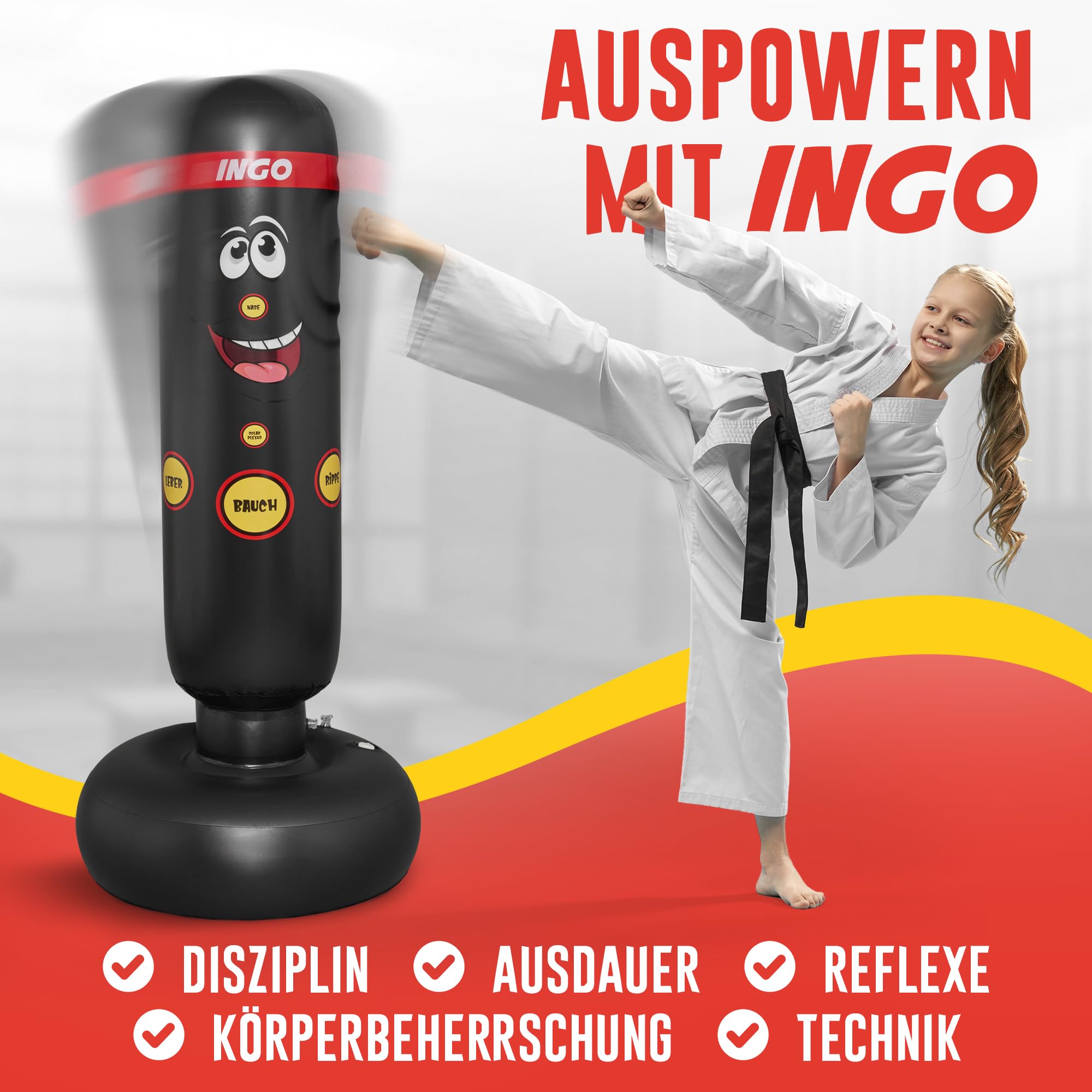 INGO® Boxsack für Kinder (pädagogisch konzipiert für Innere Kraft), inkl. Handschuhe & Pumpe | Kinder Boxsack (165cm) zur Schulung von Fokus, Selbstkontrolle & Körperbewusstsein