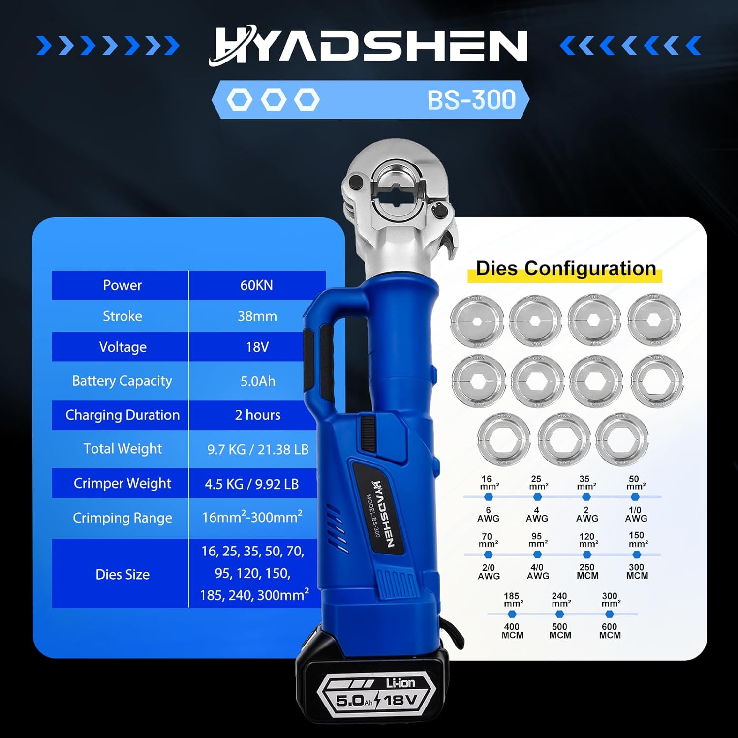 Electric Hydraulic Cable Lug Crimper Pliers,Rechargeable Crimping Tool,Straight-handled electric hydraulic pliers,6 Ton Electrical Terminal Cable Wire Fiber Crimper Kit with 11 Dies, 6 AWG to 600 MCM