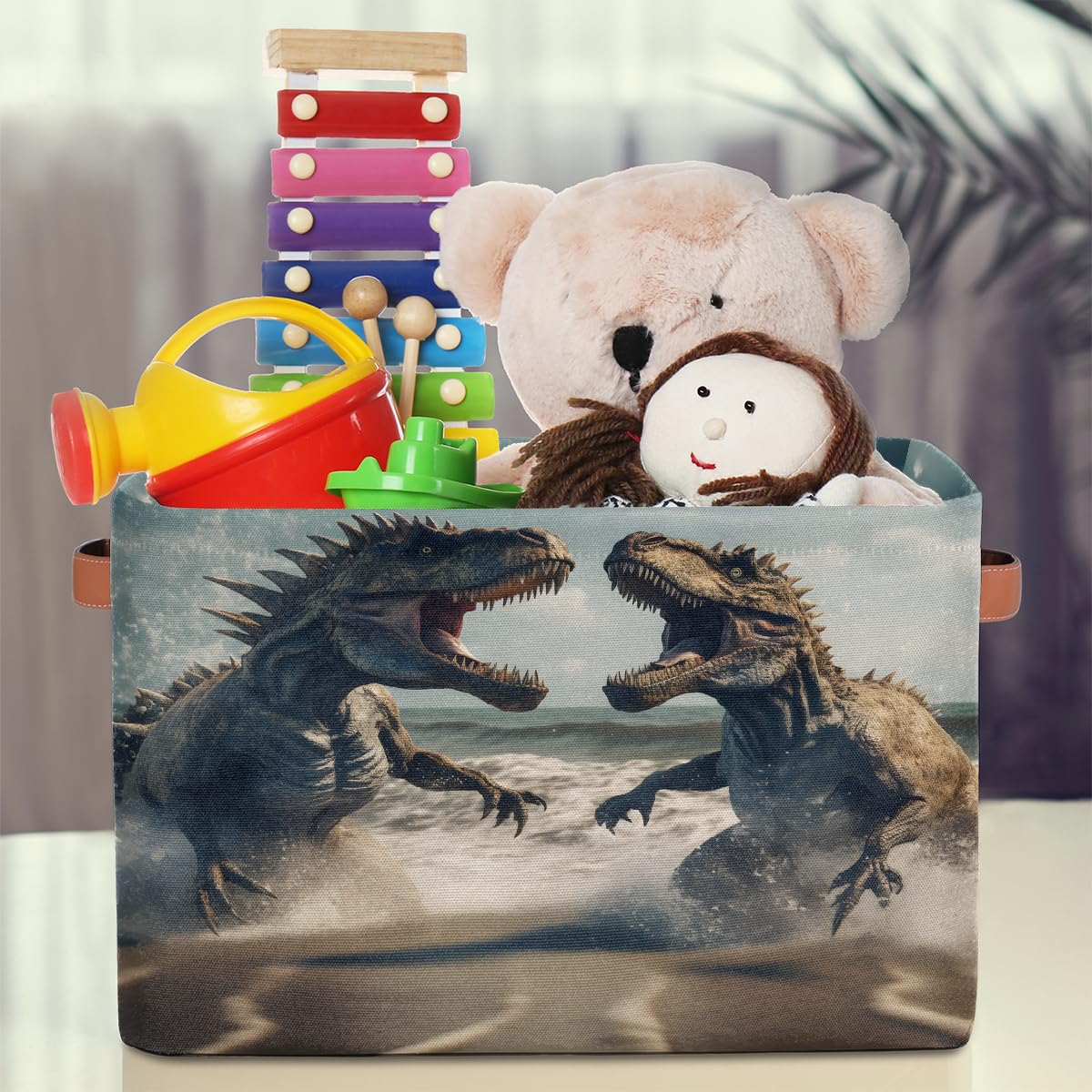 Mexpekil Cesta de almacenamiento de animales de dinosaurio, caja de almacenamiento de juguetes para niños, plegable, organizador de tela para estantes, cesta de regalo grande con asas, 2 piezas