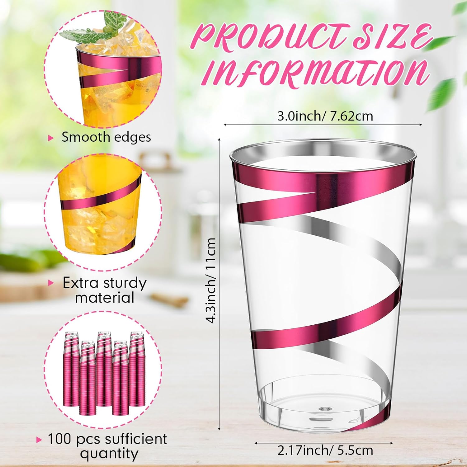 Bokon 100 Pcs 12 oz Rimmed Swirl Clear Plastic Cups with Rim Fancy Disposable Tumblers Cups Plastic Wine Glasses Elegant Wedding Tumblers for Party Holiday (Rose Red Swirl)