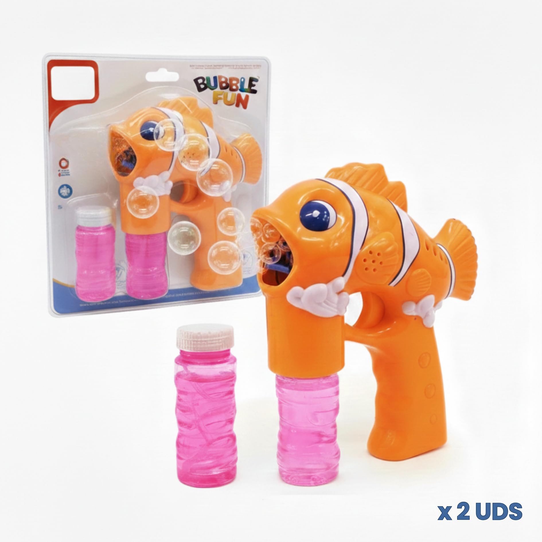 Pistola de Burbujas - Set de 3 - AMATOYS - Máquina de Pompas Automática con Luces - Forma de Animales - Pomperos para Niños y Niñas - Juguete para Piscina y Verano (PEZ_Naranja)