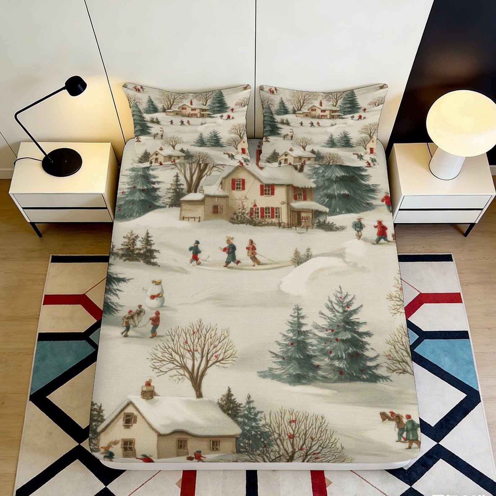 3D Printed Winter Village Fitted Sheet Microfiber Soft Snow Landscape Bed Cover for Bedroom Guest Room Decor 116 200x200x25cm