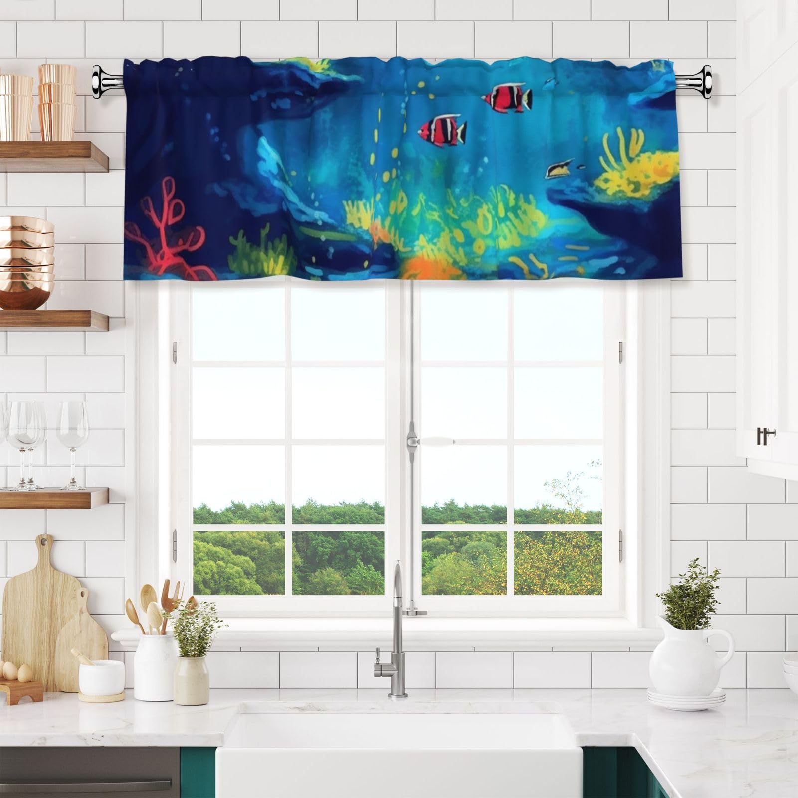 NONHAI Undersea Wallpaper Valances for Windows Short Curtains Rod Pocket Cafe Window Treatments Valance Curtains for Kitchen Bathroom Laundry Basement Windows 54x18inch Blackout Window Valance