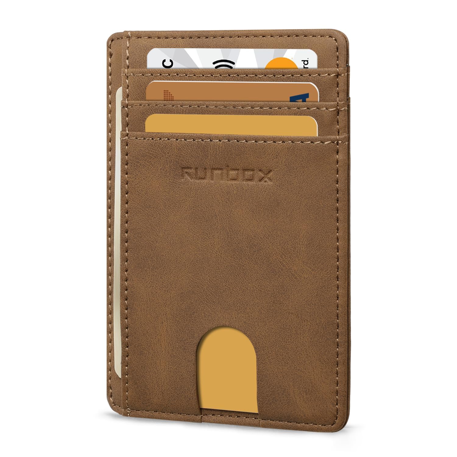 RUNBOX Slim Wallet for Men and Women, RFID Blocking Leather Card Holder | Minimalist 8-slot design fits IDs and credit cards in a thin profile for front pockets, purses, pants and travel Classic Yellowish-brown