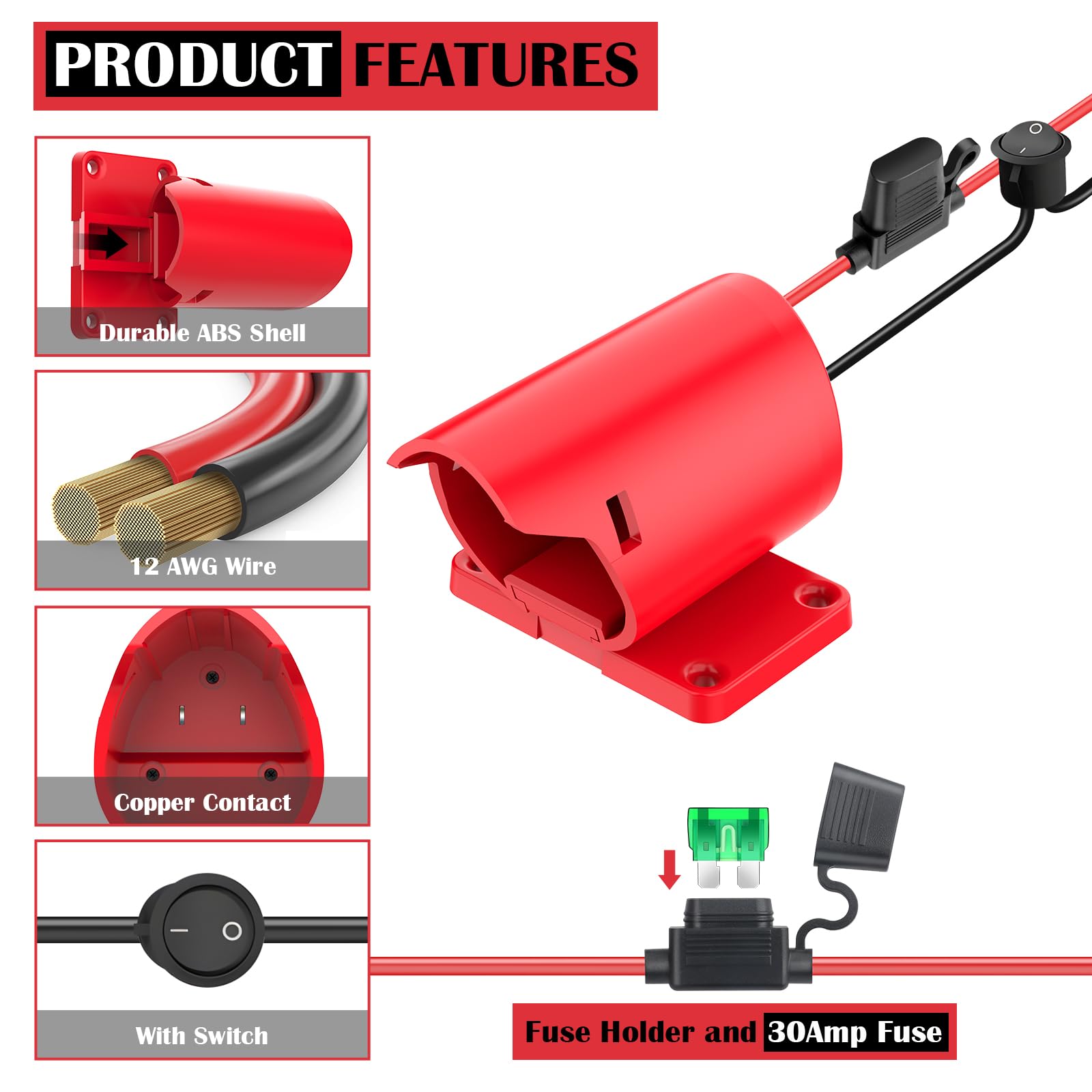 2 Packs Power Wheel Adapter for Milwaukee M12 Battery Adapter 12V Battery Conversion Kit with Switch Fuse Wire — view 3