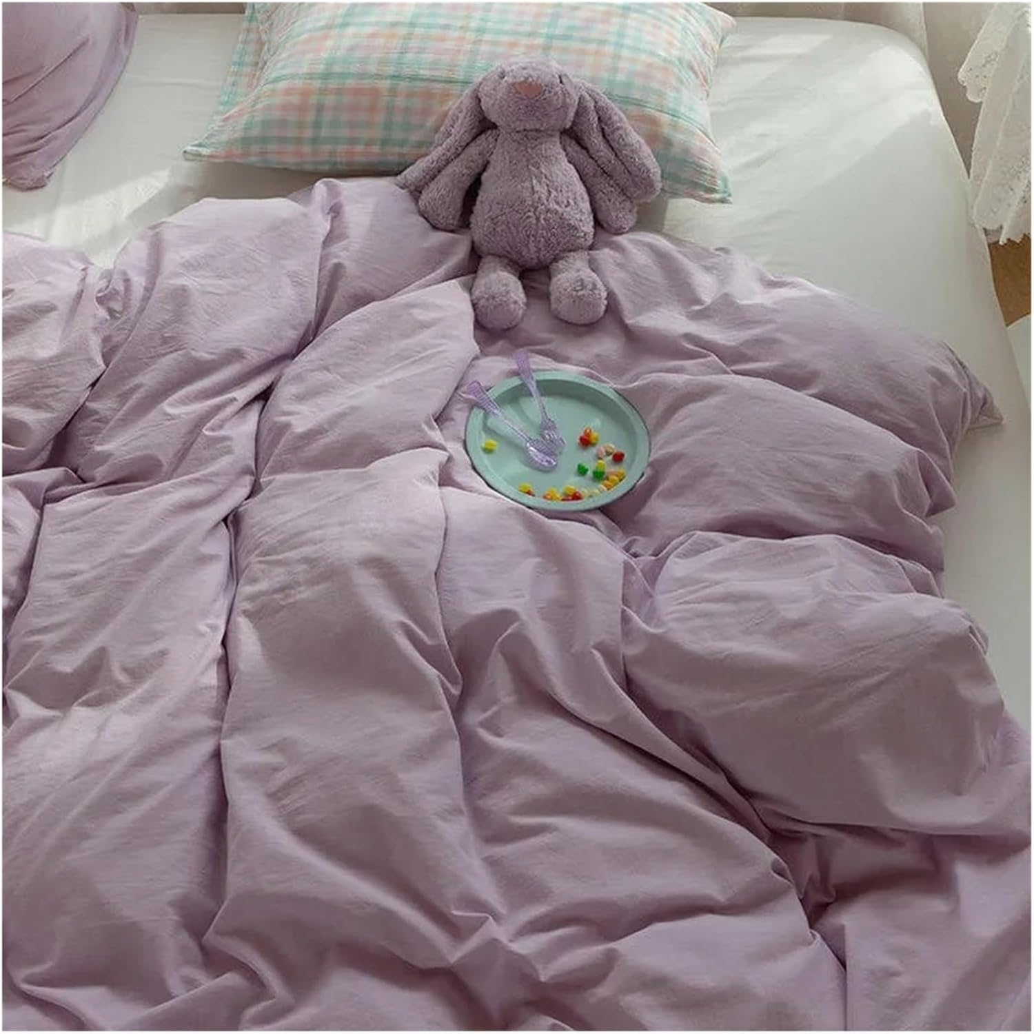 Washed Cotton Duvet Cover Set with Zipper Closure Luxurious Soft 4Pcs Bedding Set 1 Duvet Cover 1Bed Sheet 2 Pillowcases,Bed