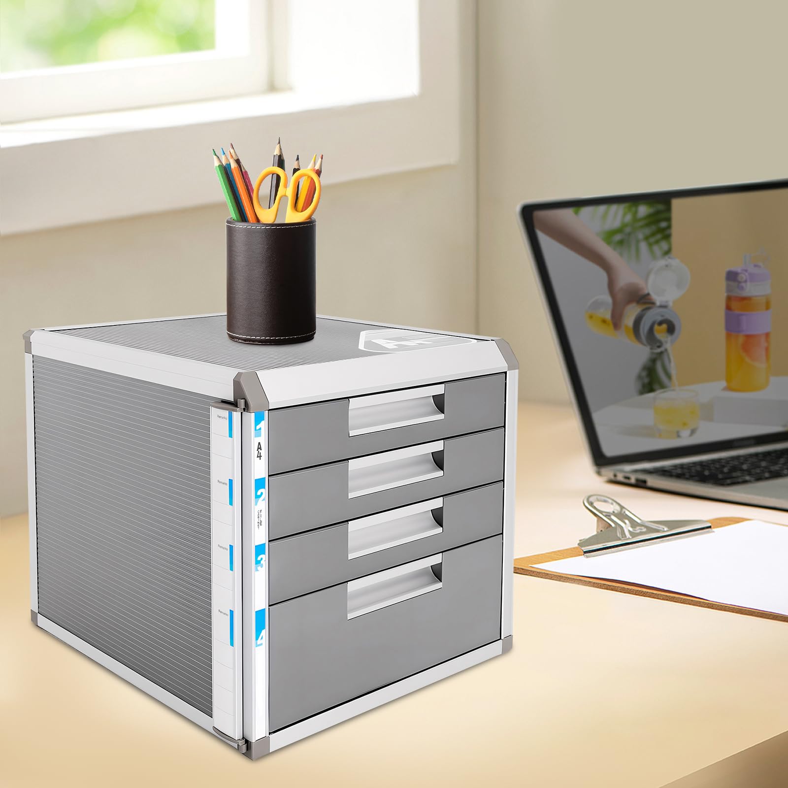 Schubladenbox Schubladen Bürobox 4 Fächer Ablagebox Organizerbox mit Schloss für A4 Papier 31.5 * 35 * 29.8cm