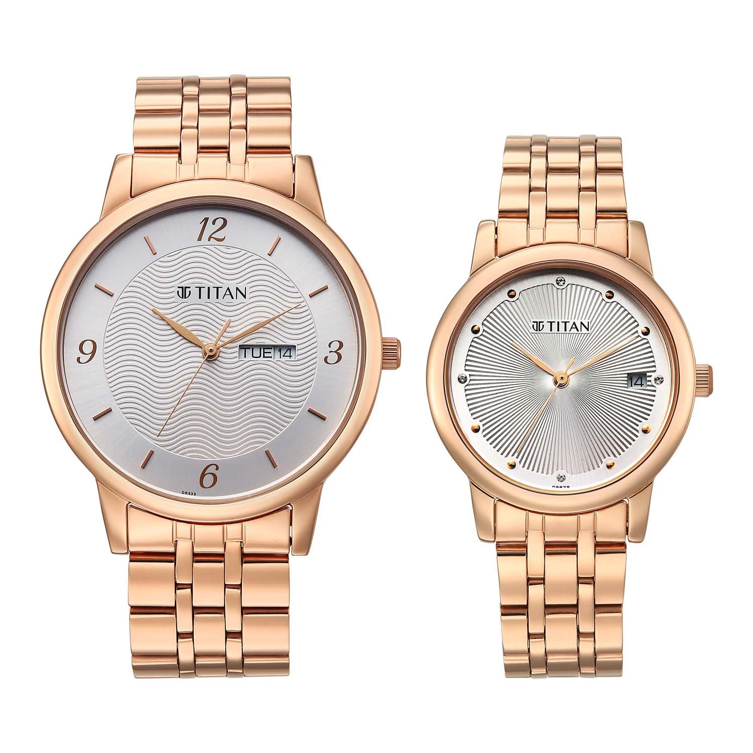 Titan Bandhan Eternal Pair Analog with Date and Silver Dial Rose Gold Stainless Steel Strap Watch for Couples - 19672967WM01-image-1