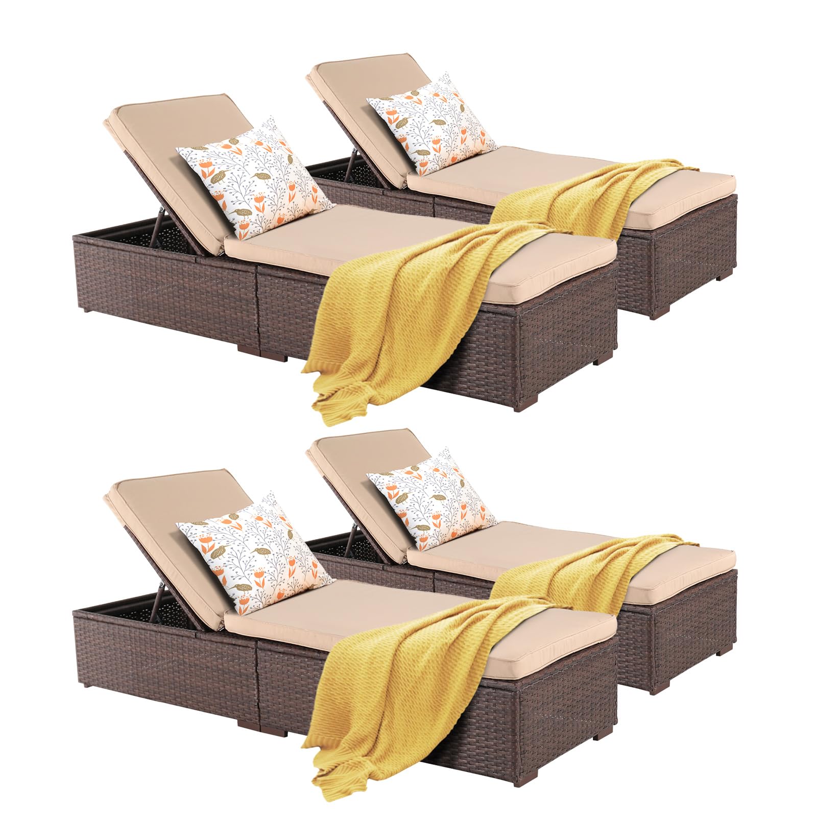 Patiorama Outdoor Patio Chaise Lounge Chair, Elegant Reclining Adjustable Pool Rattan Chaise Lounge Chair with Cushion, Brown PE Wicker, Steel Frame,