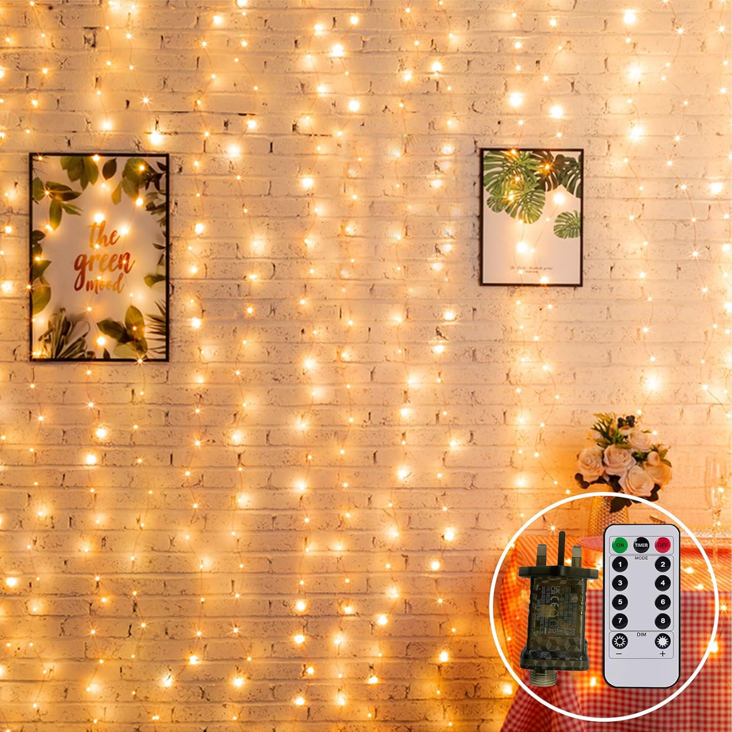 2MX2M Curtain Lights Mains Powered,Christmas Window Curtain Light Plug in,Hanging Backdrop Waterfall Lights for Room,Linkable,204 LED,Remote,Timer,Waterproof for Wall Gazebo Xmas(Warm White)