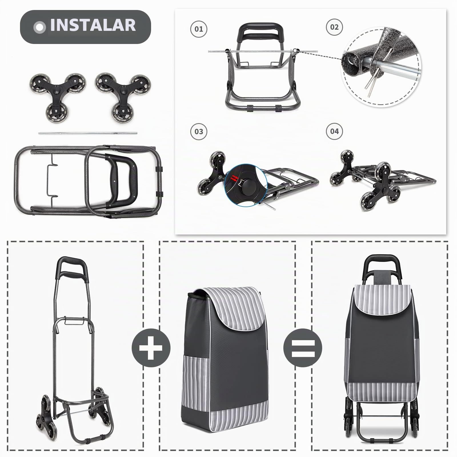 Kono Carrito de la compra plegable, ligero e impermeable, 2 en 1, con bolsa de refrigeración aislada, carrito de escalada desmontable para comestibles (gris mejorado)